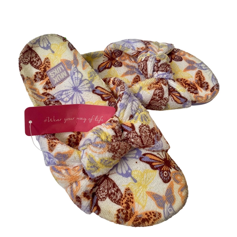 Muk Luks Butterfly Print Knot Slide Slippers Purple Yellow Orange NWT Sz‎ 7/8